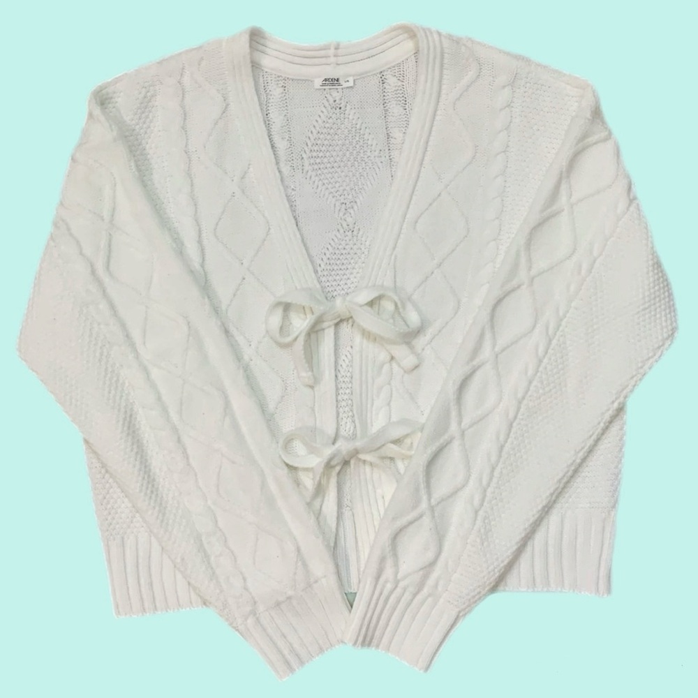 Ardene White Cable Knit Cardigan Bow Front Tie Coquette Balletcore Sweater Large